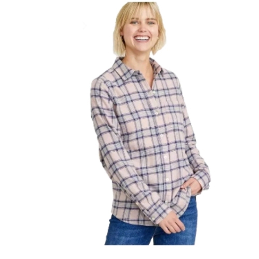 Marine Layer Womens Pink Chic Plaid Flannel Trendy Long Sleeve Top M